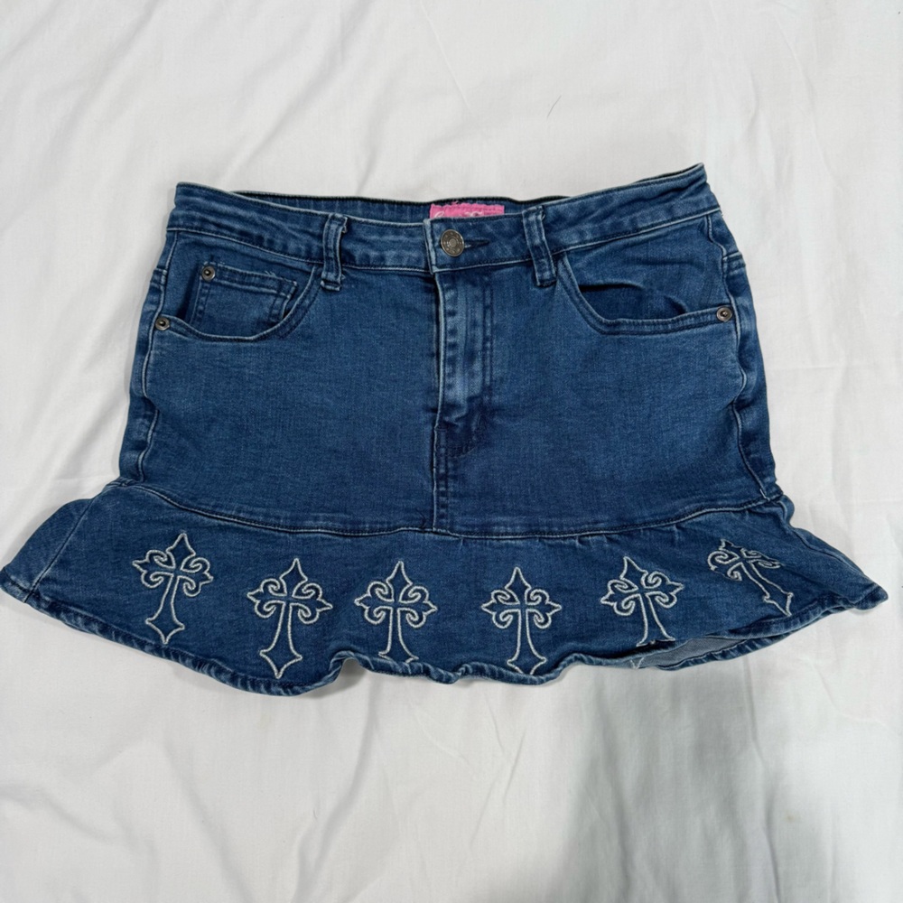 SugarThrillz 🩷 y2k Denim Ruffle Mini Skirt with embroidery